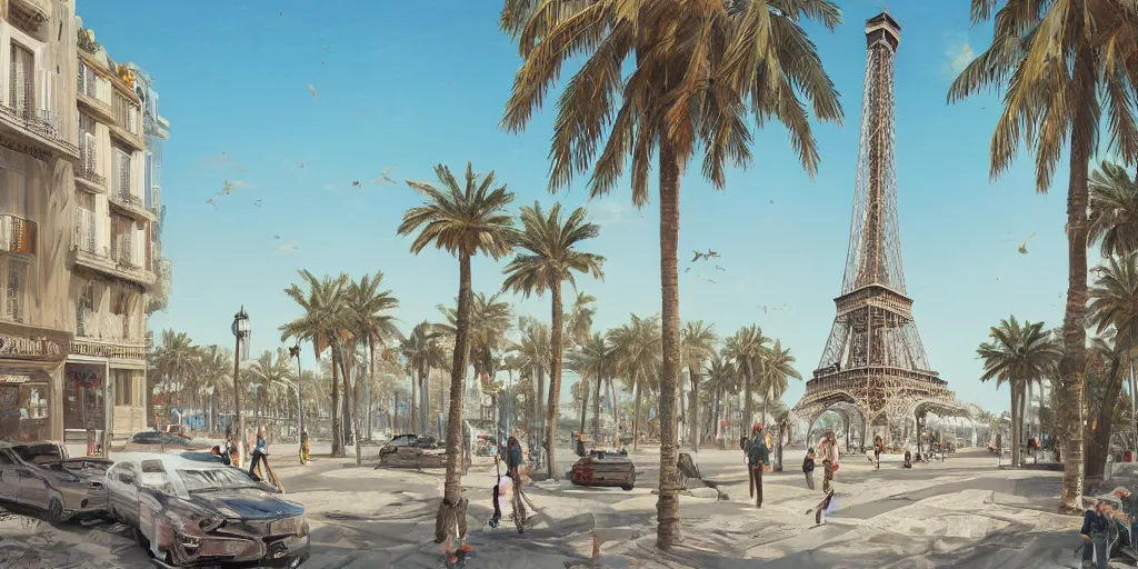 Image similar to the beautiful city of paris rebuilt next to the ocean in sunny california, amazing weather, beach view, palm trees, splendid haussmann architecture, wonderful eiffel tower, digital painting, highly detailed, intricate, concept art, matte painting, trending on artstation, art by greg rutkwowski, artgerm, wlop