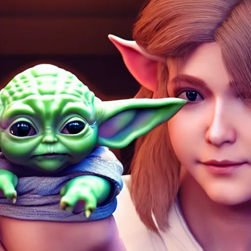 Image similar to zelda playing with baby yoda, detailed, hyper realistic, 4 k octan render, unreal 5