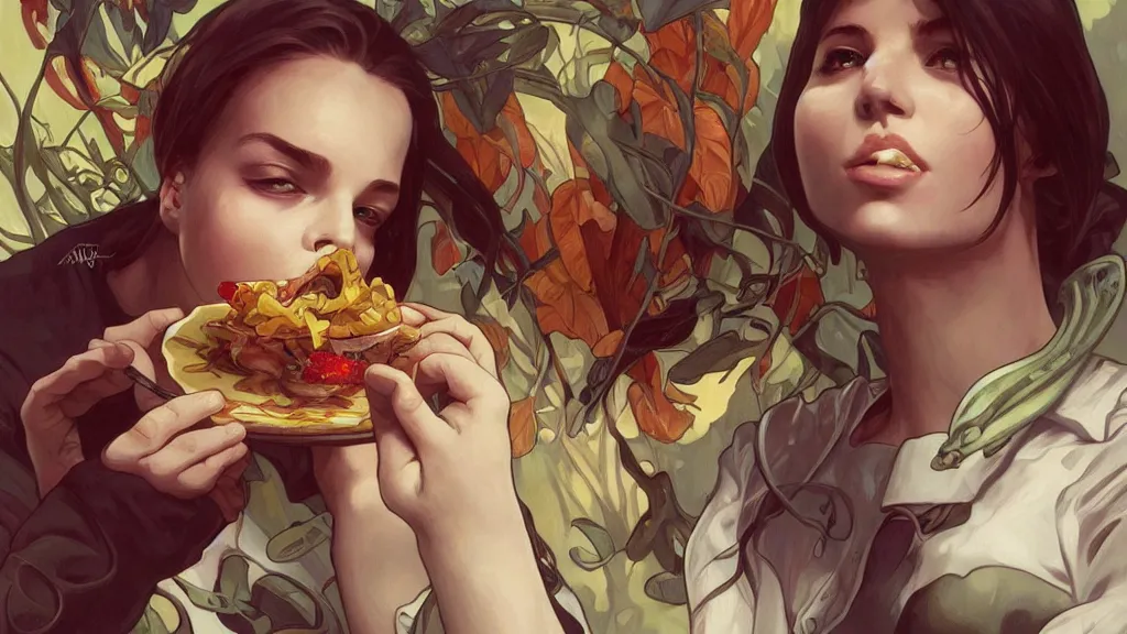 Image similar to eating by an alien digital artwork by artgerm and wlop and alex ross and alphonse mucha, trending on artstation