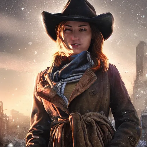 Prompt: fallout 5, charismatic beautiful, rugged, brunette female protagonist wearing a cowboy - hat, portrait, outdoors ruined cityscape, atmospheric lighting, painted, intricate, volumetric lighting, beautiful, daytime, harsh winter weather, sharp focus, deep colours, ultra detailed, by leesha hannigan, ross tran, thierry doizon, kai carpenter, ignacio fernandez rios