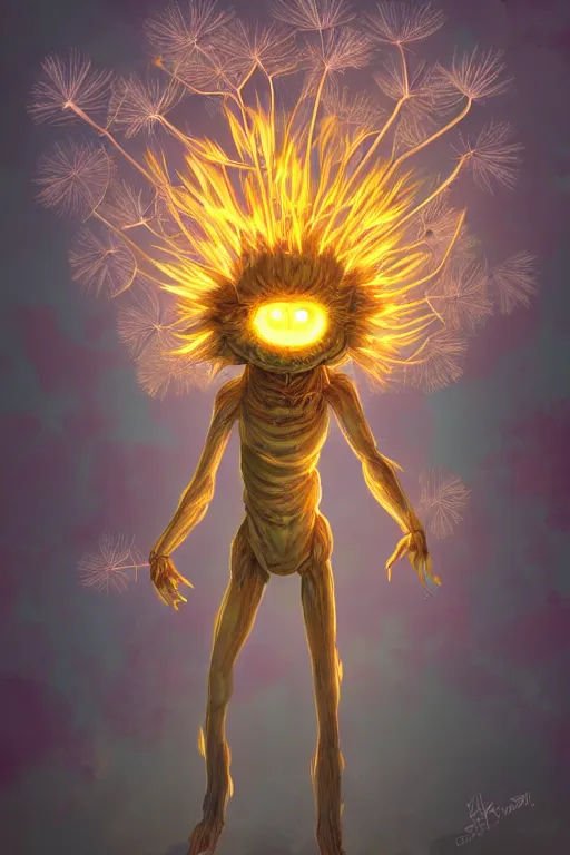 Image similar to a glowing humanoid figure dandelion monster with large glowing eyes, surrounded by elemental flames, highly detailed, digital art, sharp focus, trending on art station, artichoke, anime art style