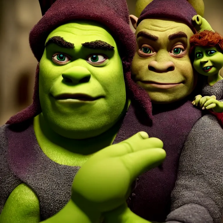 Image similar to a cinematic film still of a claymation stop motion film shrek, portrait, shallow depth of field, 8 0 mm, f 1. 8