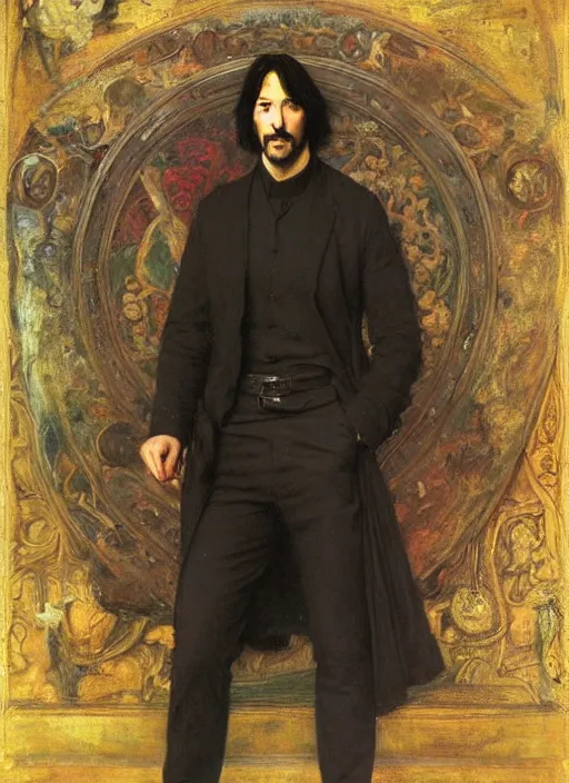 Image similar to a beautiful painting of keanu reeves by John Everett Millais and Dante Gabriel Rossetti and John Collier and john william waterhouse, pre-raphaelite, detailed, trending on artstation, hd, masterpiece