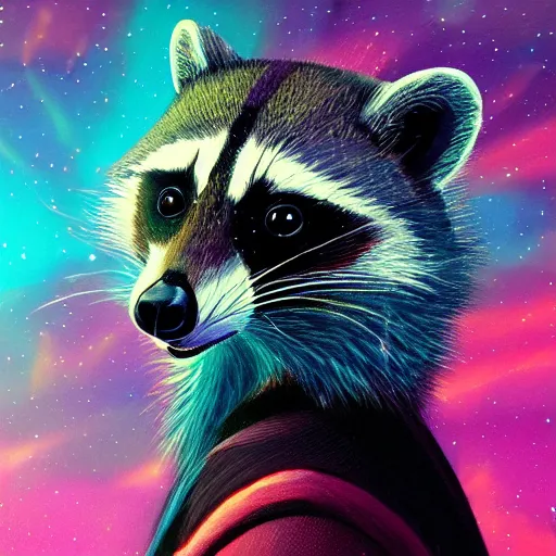 Prompt: portrait from a raccoon, feathers, bird, avian, wings, synthwave, universe background, nebula, galaxy, artstation