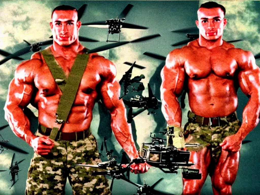 Image similar to vintage 90s VHS video still of a muscular soldier promoting UAV, retro TV, noise, hue