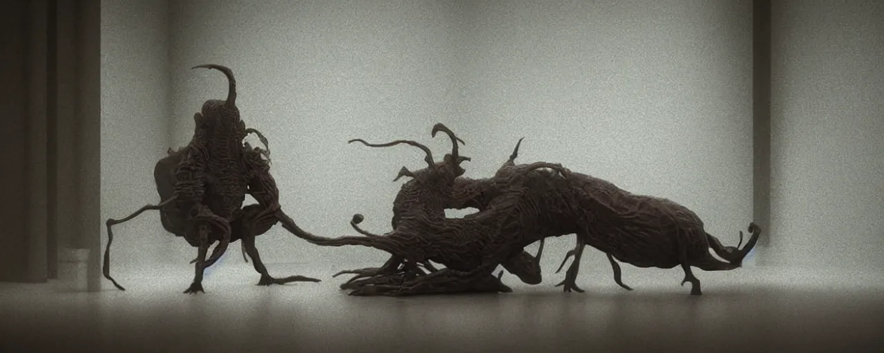 Image similar to a strange creature sits in the home room, film still from the movie directed by Denis Villeneuve with art direction by Zdzisław Beksiński, close up, telephoto lens, shallow depth of field, beautiful detailed intricate insanely detailed octane render, 8K artistic photography, photorealistic