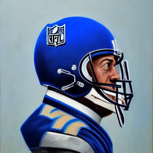 Image similar to facial portrait of nfl detroit lions dictator, military uniform, blue and silver, 1 8 3 4, oil on canvas by william sidney mount, trending on artstation