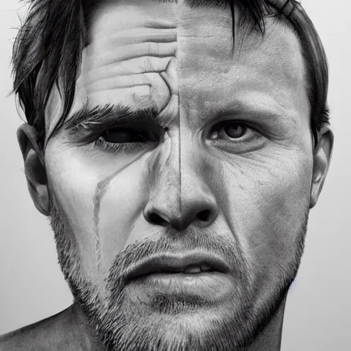 Prompt: a man that successfully escaped his internal hell. hyperrealism, trending on artstation.