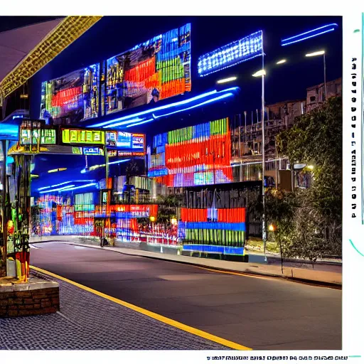 Prompt: futuristic ndebele city, night street scene, highly detailed, digital ndebele billboards