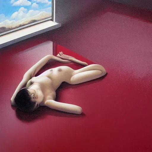 Image similar to Kiko Mazuhara full body laying in a blood red pool of water between a golden mirror frame, outside is space and inside the mirror frame is a beautiful landscape. Hyperrealistic surreal 4K IMAX Rene Margritte intricate, elegant, highly detailed, digital painting, artstation, concept art, smooth, sharp focus, illustration, art by artgerm and greg rutkowski and alphonse mucha