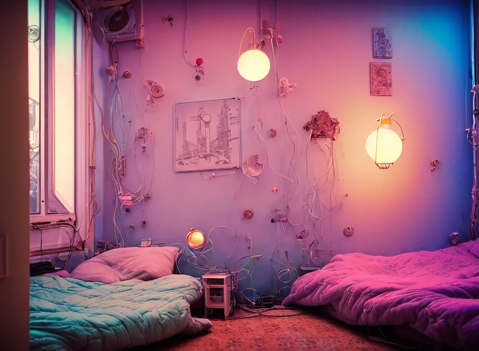 Prompt: telephoto 7 0 mm f / 2. 8 iso 2 0 0 photograph depicting the feeling of chrysalism in a cosy cluttered french sci - fi ( art nouveau ) cyberpunk apartment in a pastel dreamstate art cinema style. ( aquarium bed, computer screens, window ( city ), leds, lamp, ( ( ( bed ) ) ) ), ambient light.