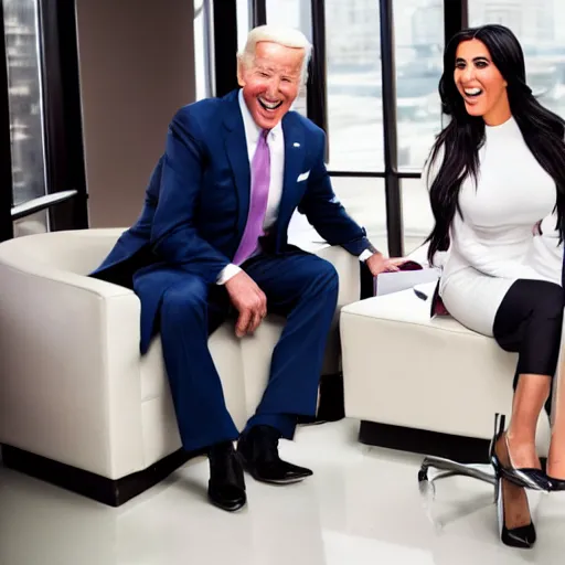 Image similar to stock photo of kim kardashian, and joe biden wearing suits and ties laughing in an office building, 8k resolution, full HD, cinematic lighting, award winning, anatomically correct