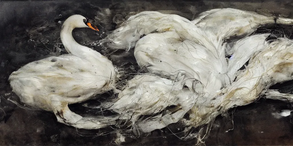 Image similar to white ball, made by swans, feathers, melted in the water. dark atmosphere, dark space. swans. messy. by andrew wyeth, jenny saville and nicola samori