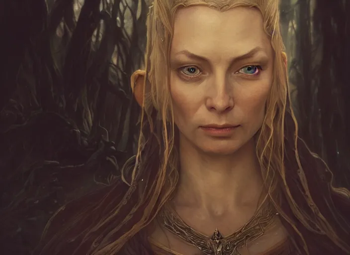 Image similar to a dramatic highly detailed render of Galadriel blended with Gollum, Middle-earth , by WLOP and Artgerm and Greg Rutkowski and Alphonse Mucha, Beautiful dynamic dramatic dark moody lighting, shadows, cinematic atmosphere, Artstation, Octane render, 8K, masterpiece, sharp focus, hyperrealistic, photograph