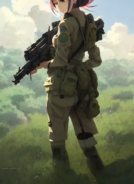 Image similar to portrait of cute soldier girl, cloudy sky background lush landscape illustration concept art anime key visual trending pixiv fanbox by wlop and greg rutkowski and makoto shinkai and studio ghibli and kyoto animation soldier clothing military gear realistic anatomy mechanized