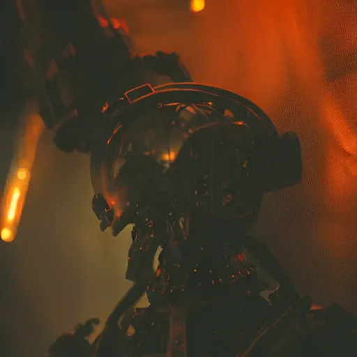 Prompt: closeup of mecha made from kitchen utensils, dark messy smoke - filled cluttered workshop, dark, dramatic lighting, orange tint, cinematic, highly detailed, sci - fi, futuristic, movie still from blade runner