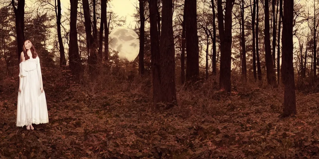 Image similar to a vampire woman in a white lace dress, standing in a dark forest with the moon shining brightly