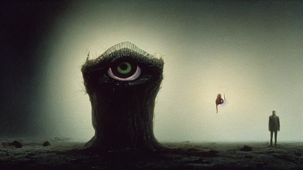 Image similar to the strange creature in my eye, film still from the movie directed by denis villeneuve and david cronenberg with art direction by salvador dali and zdzisław beksinski, wide lens