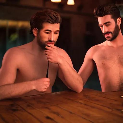 Prompt: cinematic scene with attractive male and another attractive male, no shirts, shorts, drinking their hearts out, in the pub, high definition, very detailed, volumetric lighting, still frame