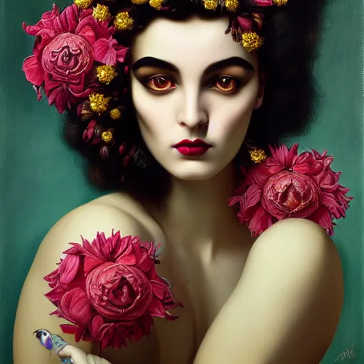 Image similar to dynamic composition, a painting of a woman with hair of flowers and raven plummage wearing ornate earrings, a surrealist painting by tom bagshaw and jacek yerga and tamara de lempicka and jesse king, featured on cgsociety, pop surrealism, surrealist, dramatic lighting, wiccan, pre - raphaelite, ornate gilded details