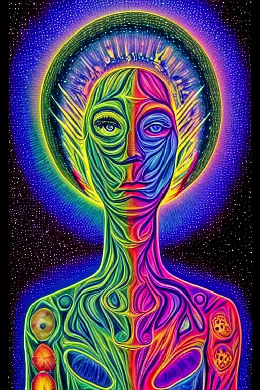 Prompt: A psychedelic silhouette of a human body filled with the universe, planets, stars and galaxies in the style of Alex Grey