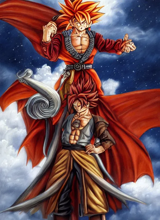 Image similar to epic fantasy portrait painting of a long haired, red headed male sky - pirate in front of an airship in the style of the dragonball