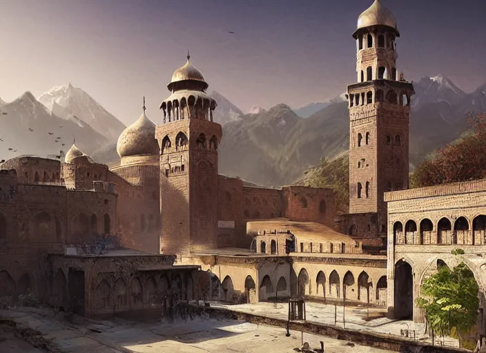 Image similar to Abandoned Jamia Masjid downtown Srinagar in mountains of Kashmir, a fantasy digital painting by Greg Rutkowski and James Gurney, trending on Artstation, highly detailed