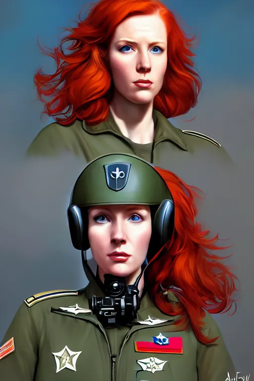 Prompt: epic professional digital portrait art of redhead woman airforce pilot, 4 0 mm lens, painting, facing front, by neal adams and adam hughes, artstation, cgsociety, wlop, pixiv, epic, much wow, much detail, gorgeous, detailed, cinematic, masterpiece