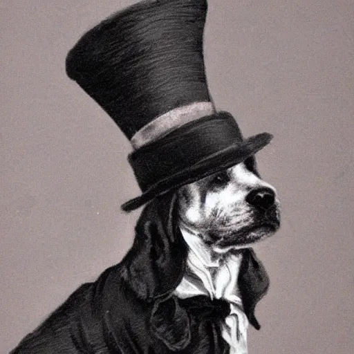 Prompt: rough looking dog in a bowler hat, victorian