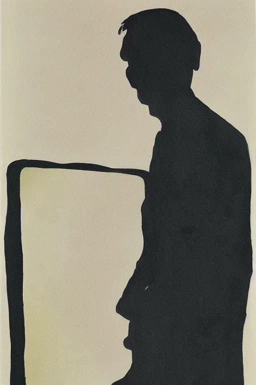 Image similar to man looking at his reflection in the mirror, 1960’s minimalist advertising illustration, painterly, expressive brush strokes