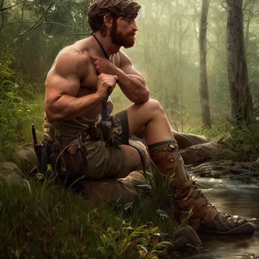 Prompt: young rugged ranger sitting by a stream, muscular thighs, soft smile, D&D, fantasy, intricate, cinematic lighting, highly detailed, digital painting, artstation, concept art, smooth, sharp focus, illustration, art by Artgerm and Greg Rutkowski and Alphonse Mucha