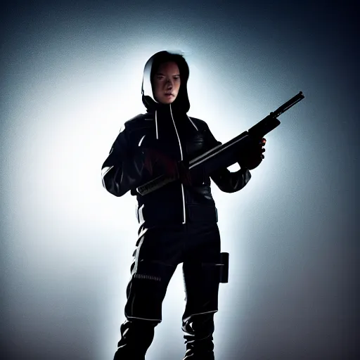 Image similar to photographic portrait of a techwear woman holding a shotgun, holding shotgun down, closeup, on the rooftop of a futuristic city at night, sigma 85mm f/1.4, 4k, depth of field, high resolution, full color, award winning photography, inspired by Kill Bill, inspired by John Wick, inspired by Die Hard, movies with guns, movie firearms