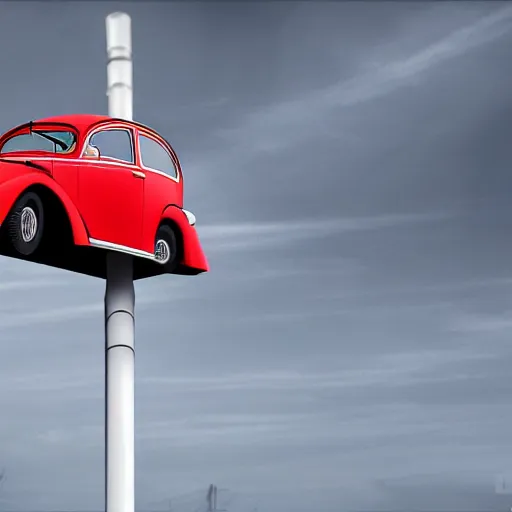 Image similar to red beetle car on top of a tall pole, digital art, photorealistic