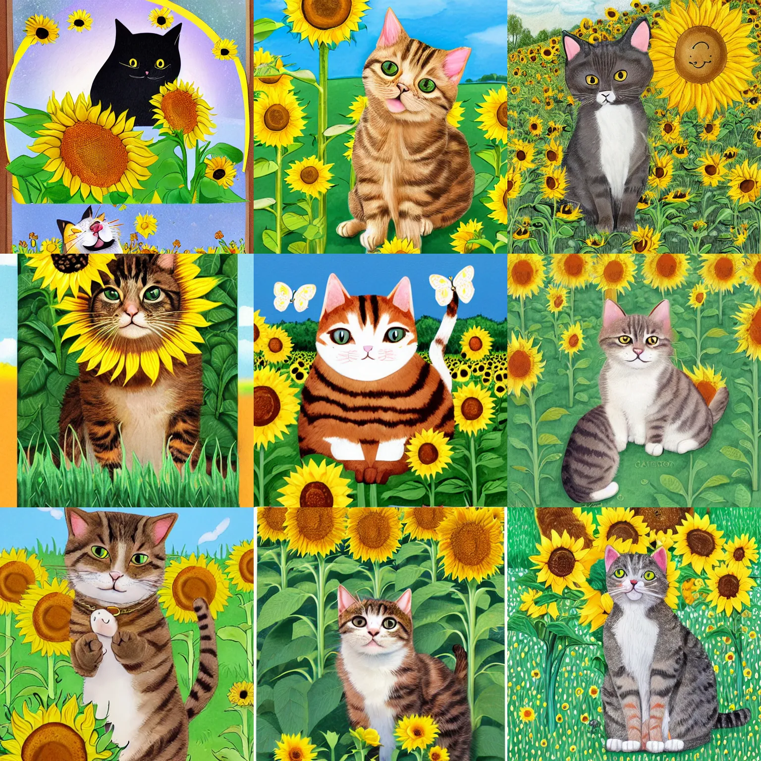 Prompt: childrens book illustration, cute cat in a sunflower field, celebrating a birthday, extremely detailed, by laura watson, mai kemble, penny weber, andy catling and katie risor