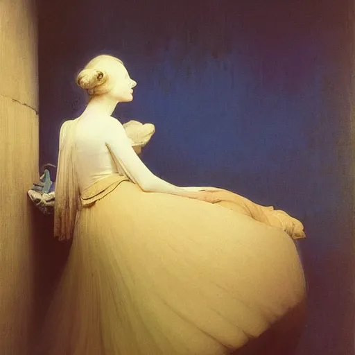 Image similar to a young woman's face, her hair is white and she wears a cobalt blue satin cloak, by ivan aivazovsky and syd mead and moebius and gaston bussiere and roger dean and pieter claesz and paul delaroche and alma tadema and willem claesz and gerard ter borch, hyperrealistic, volumetric light