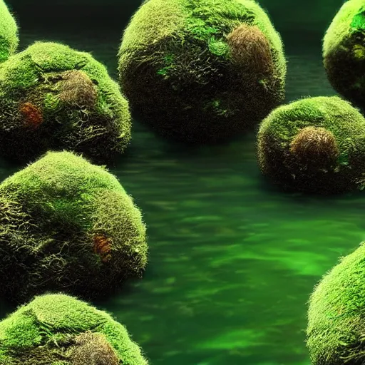 Image similar to man made of marimo moss balls running at the bottom of a lake, unreal engine, high detail