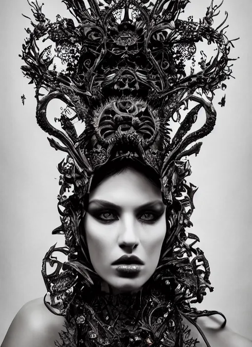 Image similar to a portrait of female model by stefan geselle and nekro borja, photorealistic, intricate details, hyper realistic, dark fantasy, ornate headpiece, dark beauty, photorealistic, canon r 3, photography, wide shot, photography, dark beauty, symmetrical features, wide angle shot, whole body, full body shot, body, feet