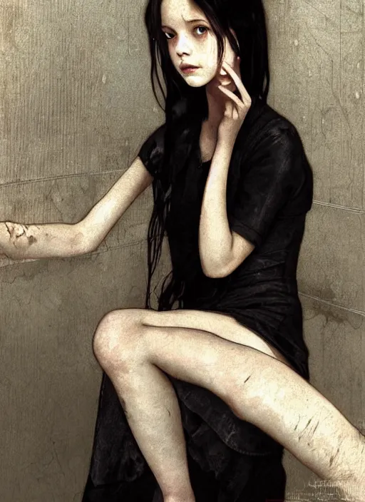 Image similar to a lonely young girl eveline from resident evil 7 with straight long black hair wearing black dress that sitting on bathroom floor, photo for vogue, model エリサヘス s from acquamodels, art by artgem, greg rutkowski and alphonse mucha