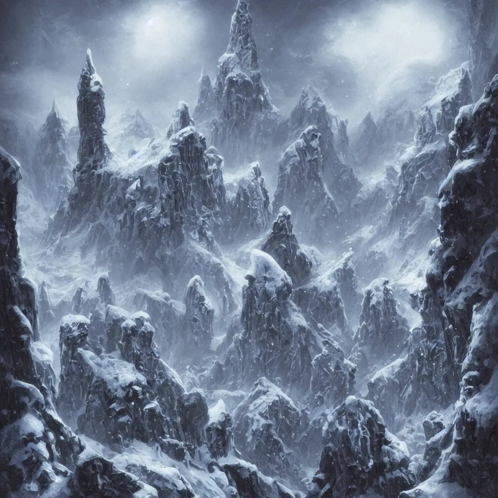 Image similar to deserted frozen stonepunk cityscape of cyclopean towers and cephalopod castles in the mountains of antarctica, upward cinematic angle, by p. craig russell, rodney matthews, frank frazetta and michael kaluta, fantasy art, snowy atmosphere, heavy winter aesthetics, stunning composition, alien faces, monstrous behemoth statues of animal gods, intricate, strange, elegant, digital art, hyperdetailed, colorful hyperrealism, brilliant photorealism, masterpiece, 8k