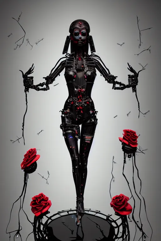 Prompt: full-body cyberpunk style sculpture of a young beautiful dark priestess, half android with a head opening exposing circuitry, glowing red eyes, black roses, flowing blood red colored silk, fabric, candles, baroque elements, human skull, full-length view, baroque element. intricate artwork by Caravaggio. crows flying in background. Trending on artstation, octane render, cinematic lighting from the right, hyper realism, octane render, 8k, depth of field, 3D