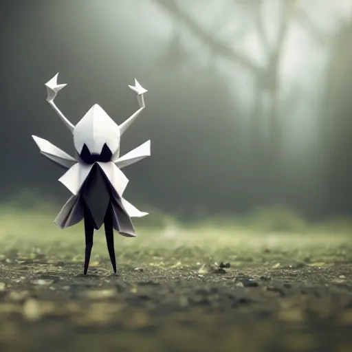 Image similar to Hornet from the game Hollow Knight made out of origami, 8k HD