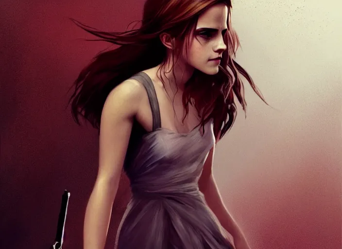 Image similar to emma watson white dress girl chasing from crazy grim reaper, holding a gun, messy hair, messy lines, scared face, beautiful and aesthetic and attractive, dramatic situation, specular reflection, occlusion shadow, intricate, bokeh, by ilya kuvshinov and jeremy lipking and quentin mabille