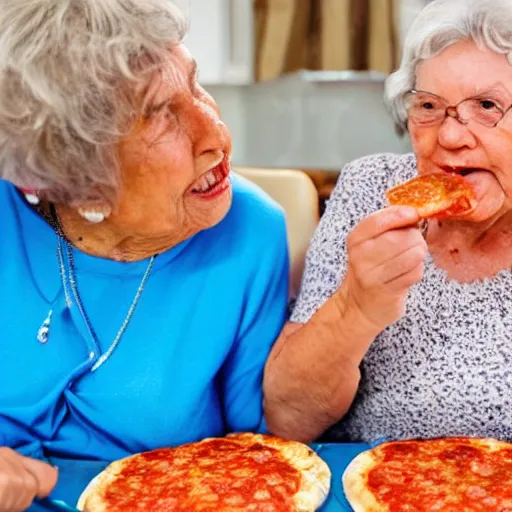 Prompt: grandmas smashing their faces together with pepperoni pizza