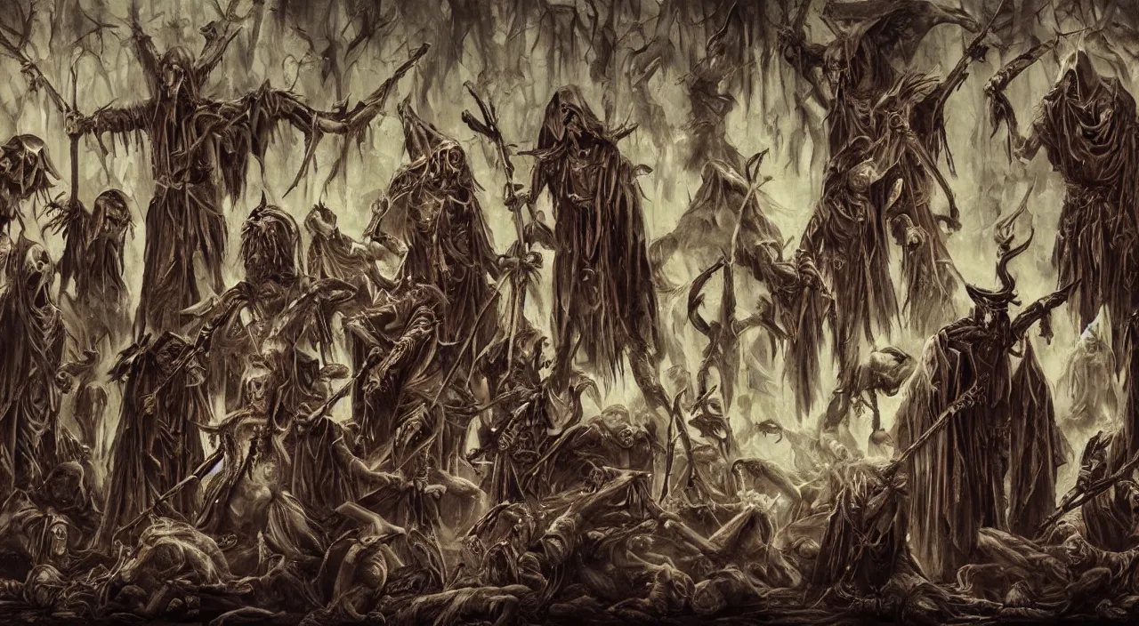 Prompt: grim painting of evil occult ritual with hooded cult members, folklore, demonic shrine, ultra realistic, concept art, intricate details, eerie highly detailed