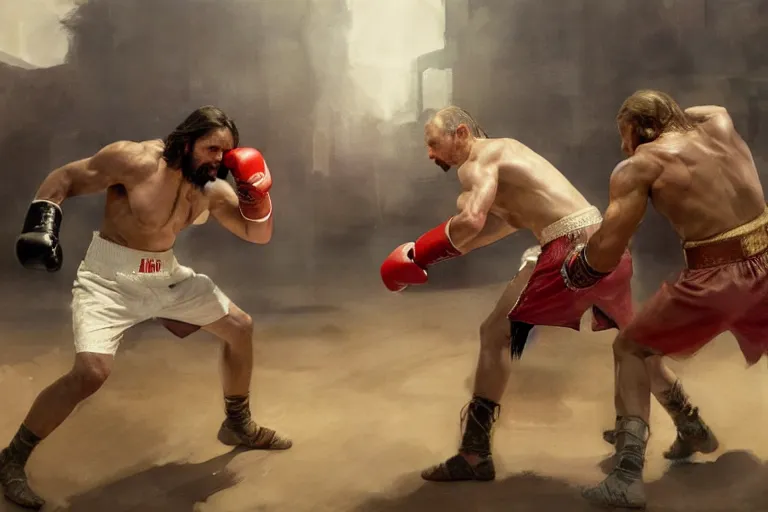Prompt: ancient, jesus christ boxing with vladimir putin, fist fight, detailed faces, in battle by anders zorn, wonderful masterpiece by greg rutkowski, beautiful cinematic light, by greg manchess, jessica rossier