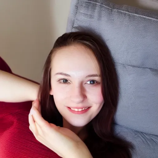 Prompt: selfie photograph of a cute thin young woman, red blush, wearing casual clothes, small smile, relaxing on a couch, cozy living room, medium shot, 8 k, trending on instagram, photorealist, trending on pinterest, portra 4 0 0