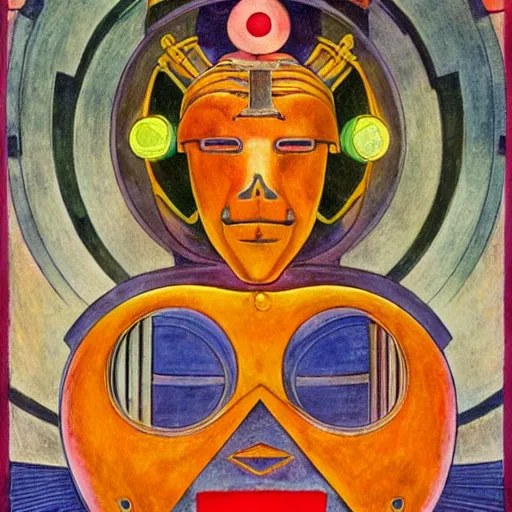 Image similar to the robot in her mechanical mask, by annie swynnerton and diego rivera and leo and diane dillon and and kit williams, symbolist, dramatic lighting, elaborate geometric ornament, art brut, god rays, soft cool colors, smooth, sharp focus, extremely detailed, adolf wolfli