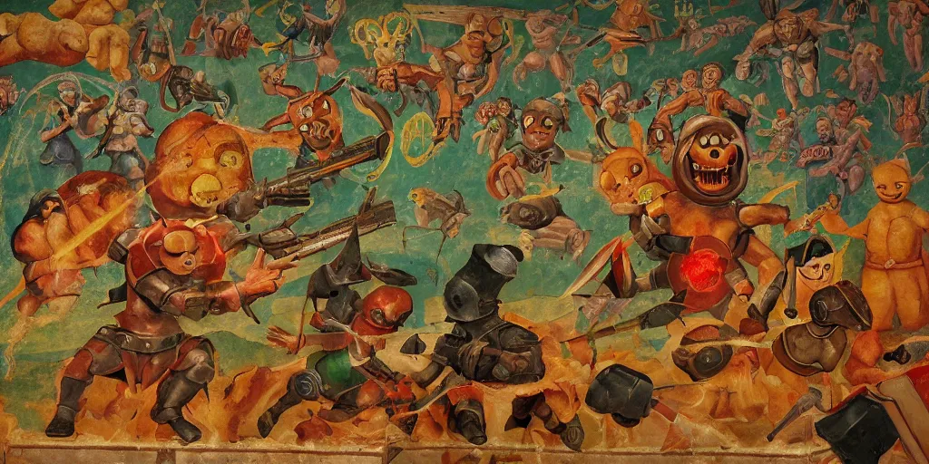 Image similar to Medieval fresco of the Doom Slayer from Doom Eternal fighting and shooting a hord of Teletubbies in hell, 4k, painted in 1530