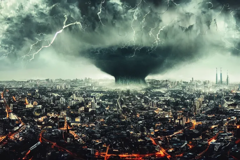 Image similar to monstrous tornado with creeping tendrils looming over a city, flying debris, night, street view, rain puddles, backlit, sprites, high contrast, unsplash, artstation