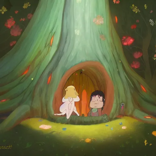 Image similar to a faerie and firefly couple living inside a hollow in a tree, masterpiece soft focus painting by kerascoet by marie pommepuy and sebastien cosset by studio ghibli, dynamic lighting